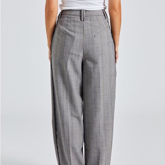 GANNI Grey Herringbone Suiting Relaxed Pleated Pants with lace trim - Picture 5 of 8
